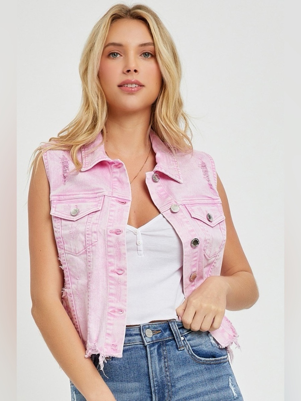 Sleeveless Pink Denim Vest - Women's Casual Jacket